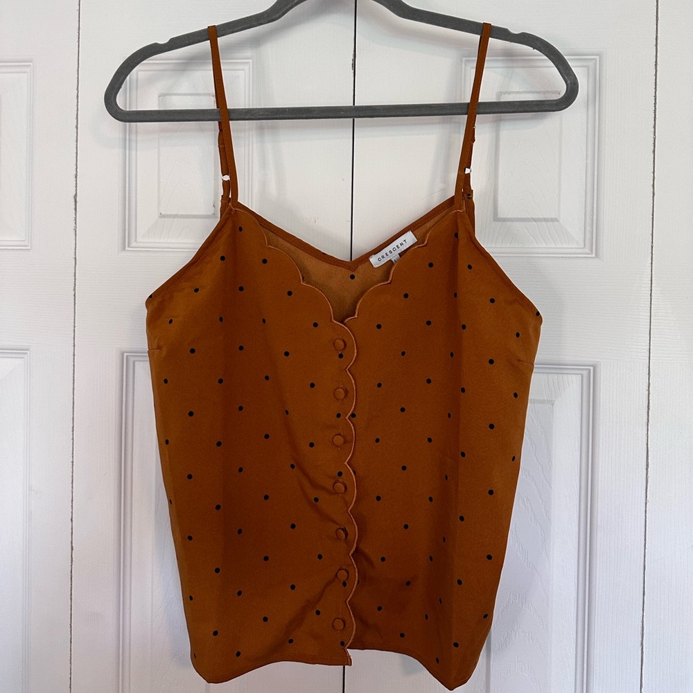 Crescent Orange Brown Tank Black Polka Dots Scallop Edge with Buttons